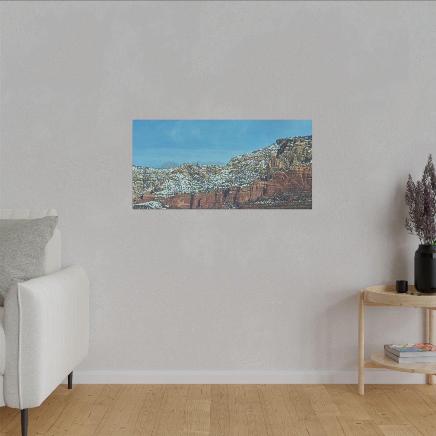 Snowy Red Rock Mountain Range Landscape - Stretched Matte Canvas Wall Art, Wall Decor