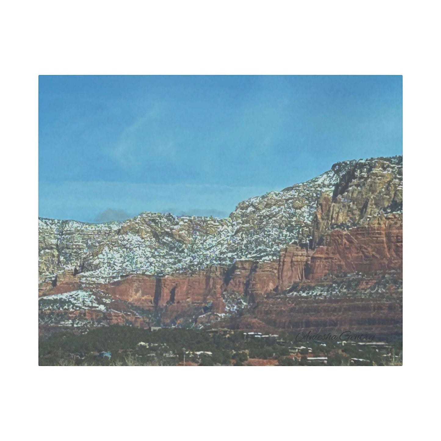 Snowy Red Rock Mountain Range Landscape - Stretched Matte Canvas Wall Art, Wall Decor