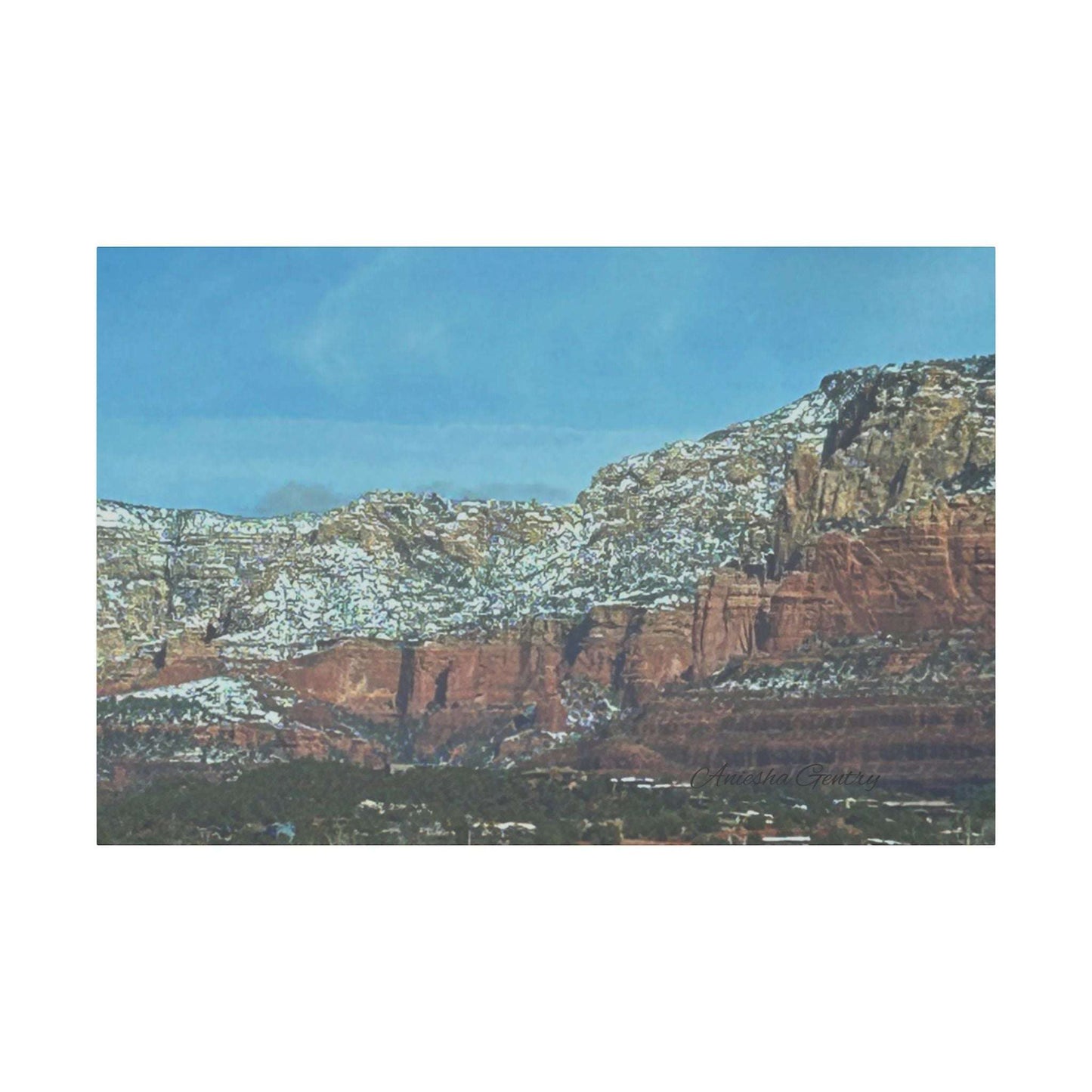 Snowy Red Rock Mountain Range Landscape - Stretched Matte Canvas Wall Art, Wall Decor