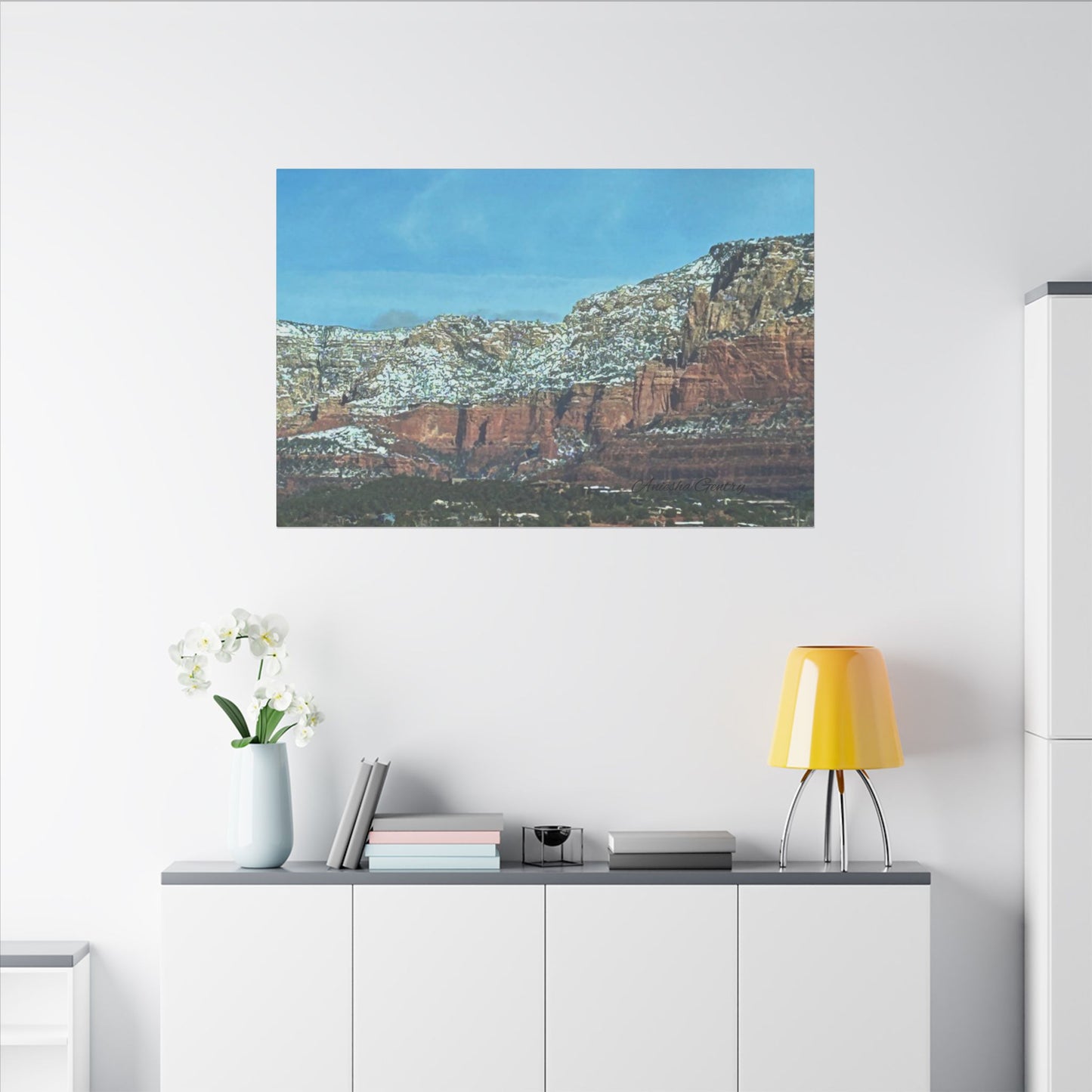 Snowy Red Rock Mountain Range Landscape - Stretched Matte Canvas Wall Art, Wall Decor