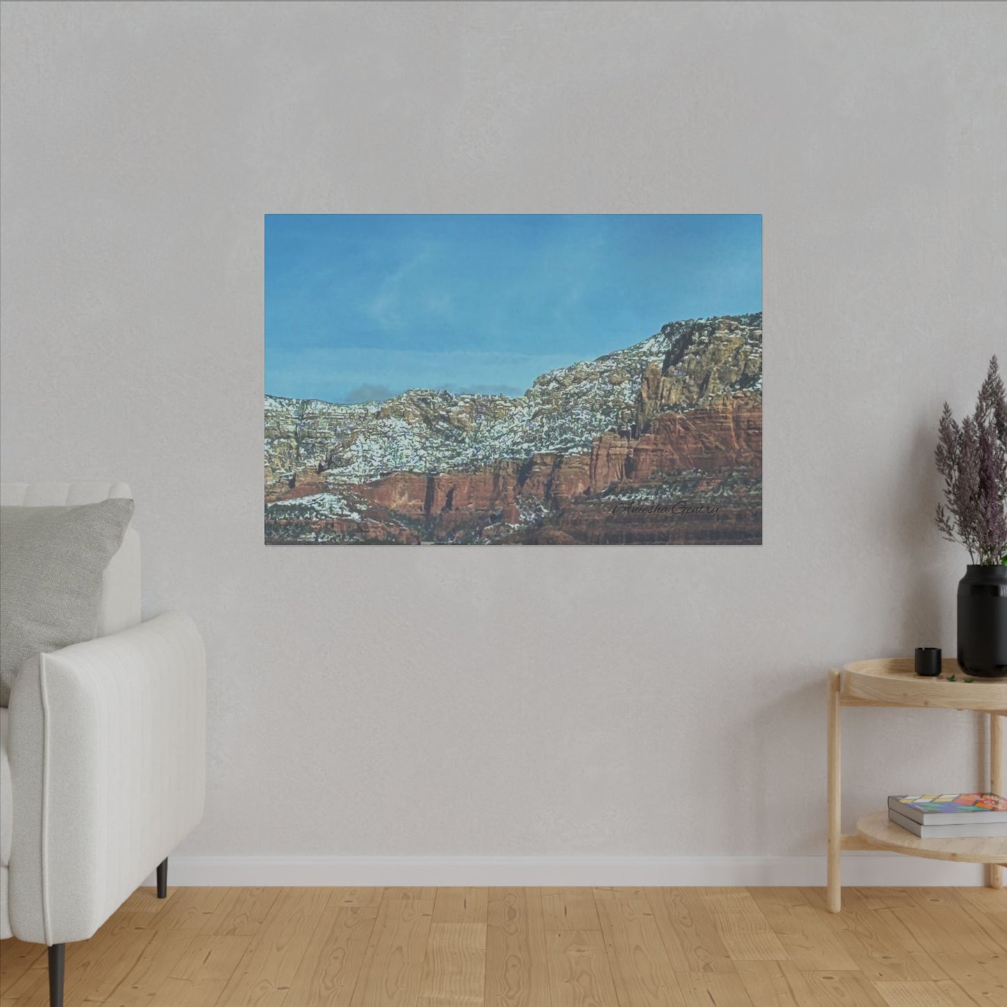 Snowy Red Rock Mountain Range Landscape - Stretched Matte Canvas Wall Art, Wall Decor