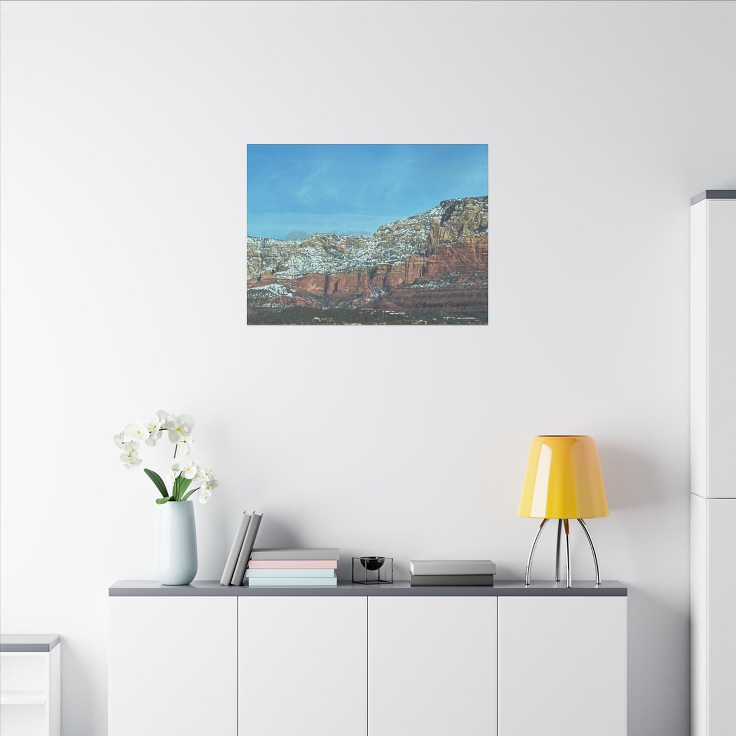 Snowy Red Rock Mountain Range Landscape - Stretched Matte Canvas Wall Art, Wall Decor