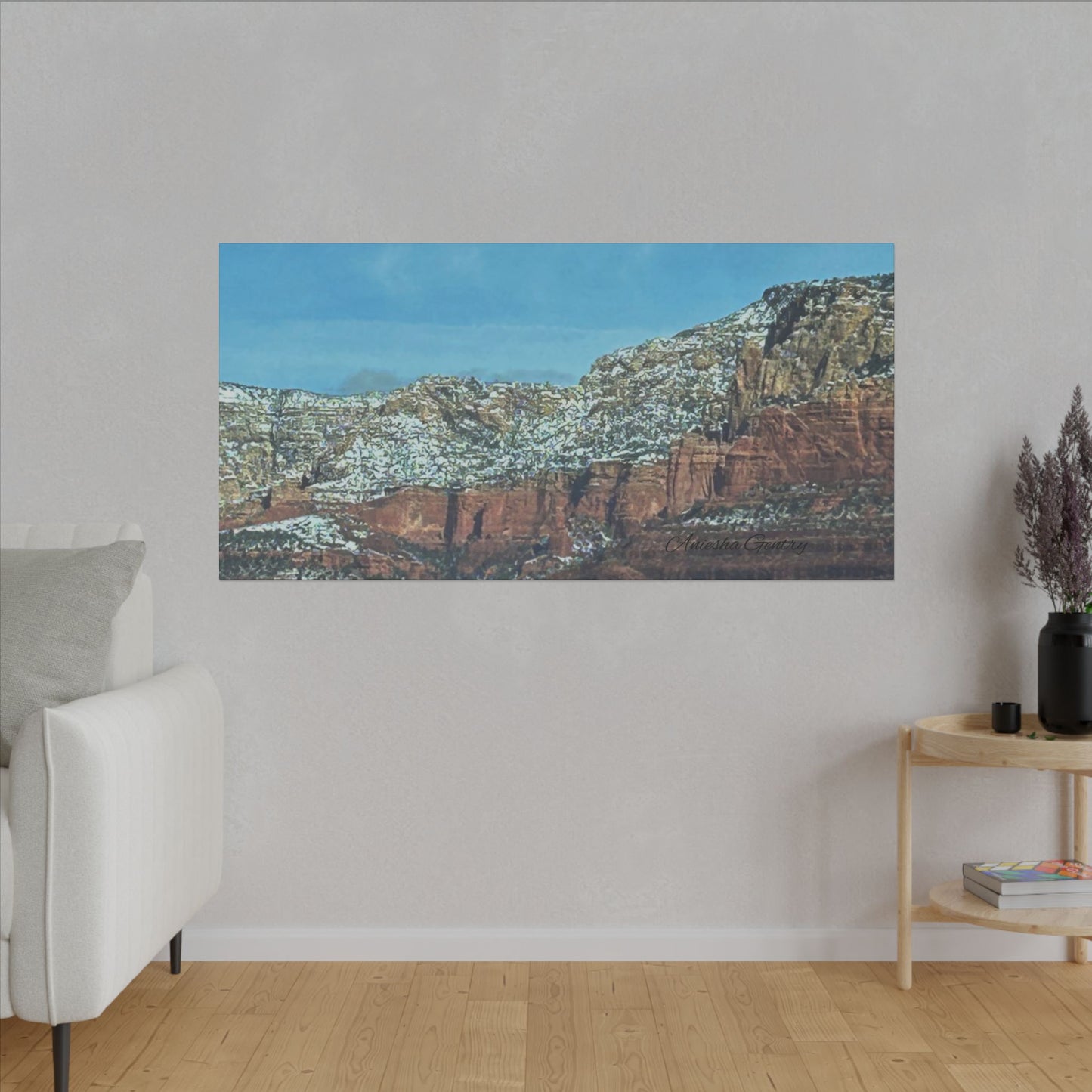 Snowy Red Rock Mountain Range Landscape - Stretched Matte Canvas Wall Art, Wall Decor