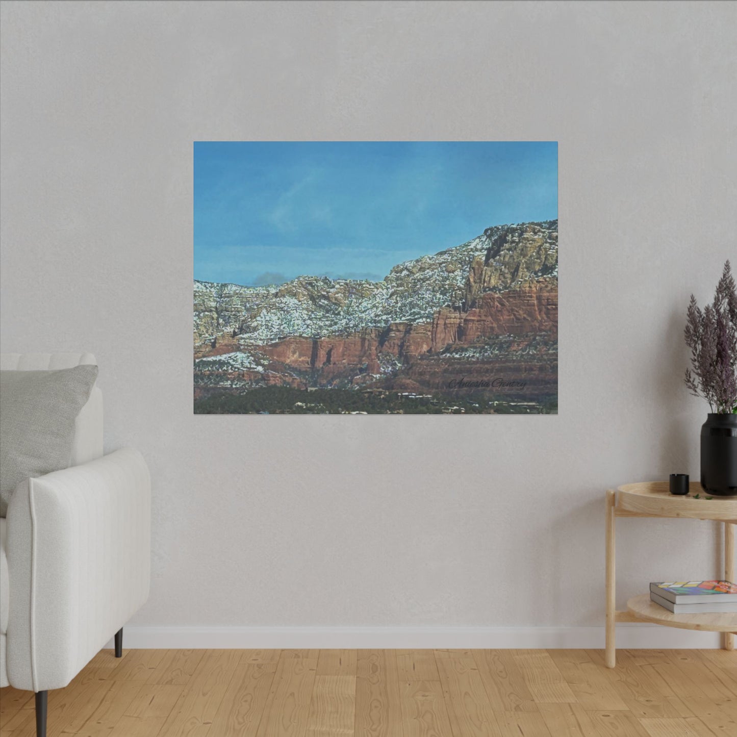 Snowy Red Rock Mountain Range Landscape - Stretched Matte Canvas Wall Art, Wall Decor