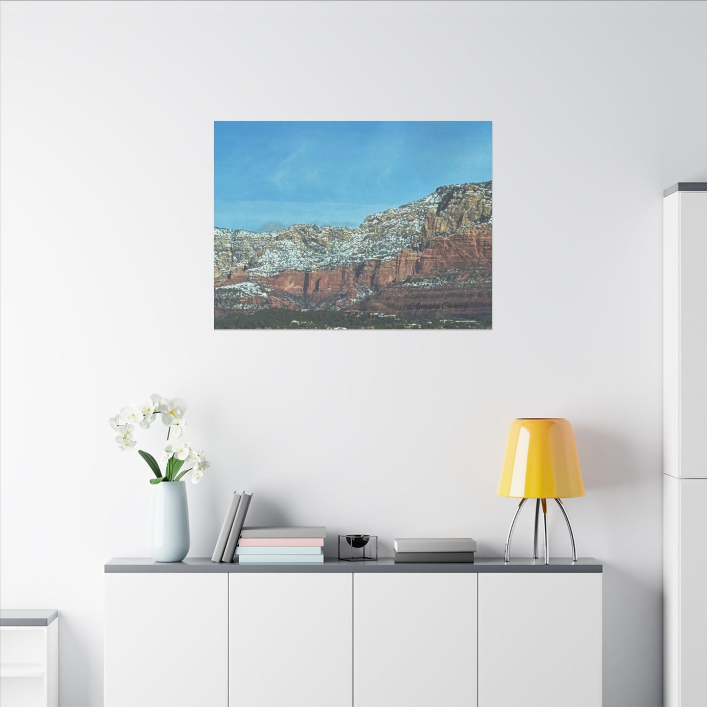 Snowy Red Rock Mountain Range Landscape - Stretched Matte Canvas Wall Art, Wall Decor